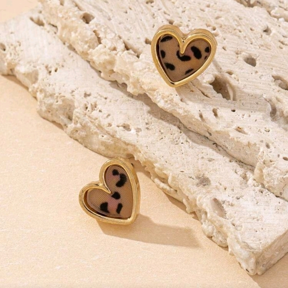 Gold Heart Leopard Print Stud Earrings